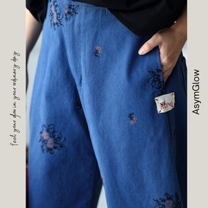 刺繍入り ワイドレッグ コットンパンツ A00385