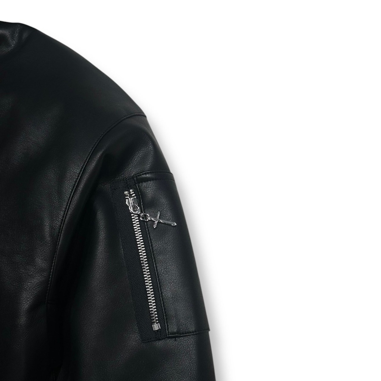 LAST NEST / hooded faux leather flight jacket