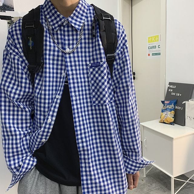 【予約販売】シャツ 長袖 メンズ ギンガムチェック柄 ブルー ブラウン ブラック シンプル ネルシャツ こなれ感 お洒落 韓国 トレンド 春 M/L/XL/2XL