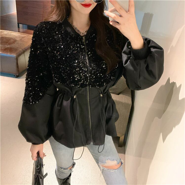 ショットコートレースアップ 引き紐 切り替え ボリューム袖 キラキラ光る スパンコール レトロ調