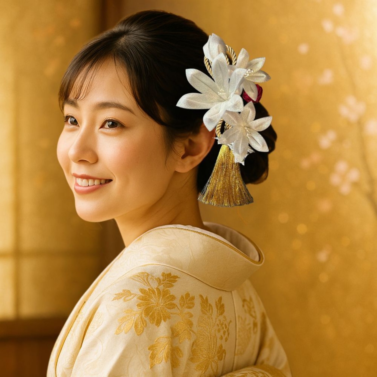 華結び ― 白百合と椿 -金彩―｜成人式 髪飾り つまみ細工 白×赤 振袖・卒業式・結婚式におすすめ 和装ヘアアクセ（S054）・画像3