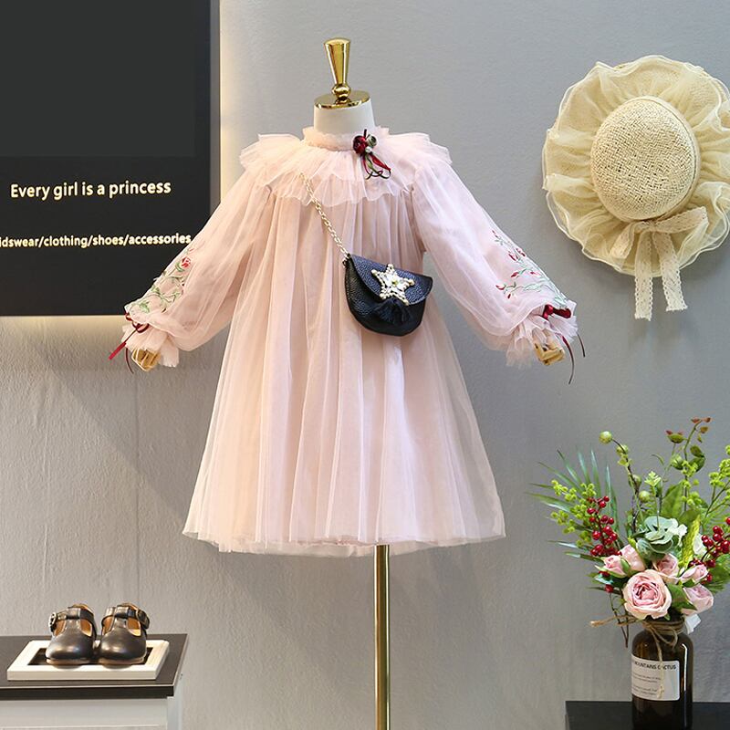 子どもドレス キッズドレス 子供服装 演出装 舞台装 女の子 ワンピース ラウンドネック 長袖 チュール 100 110 1 130 ピンク フラワーガール 可愛い Elegant