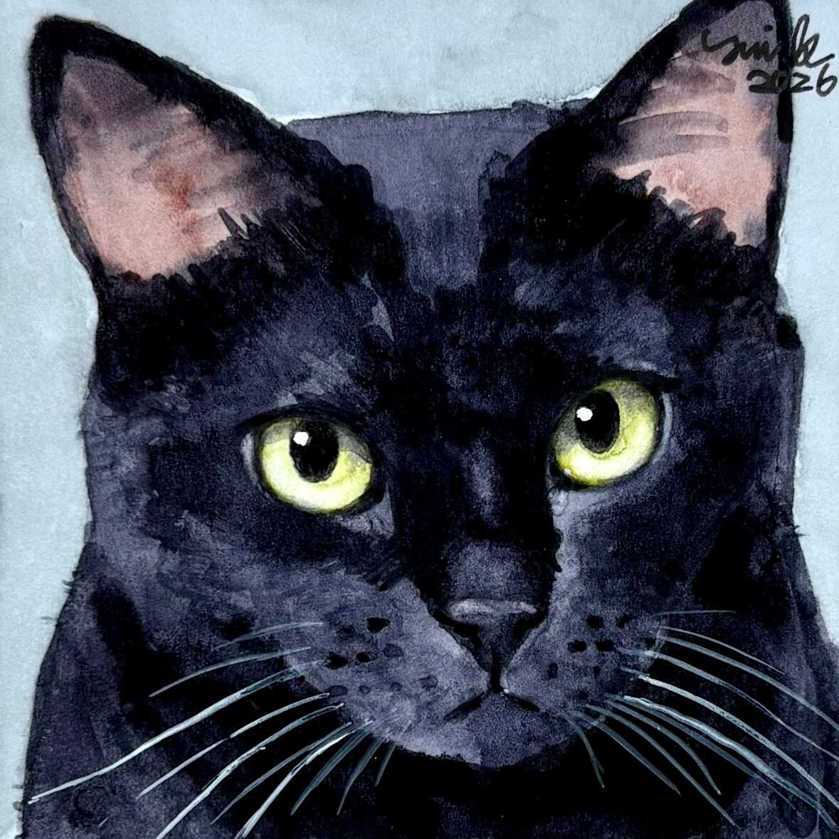 猫の絵 447 水彩画 原画 黒猫 | Forest cat