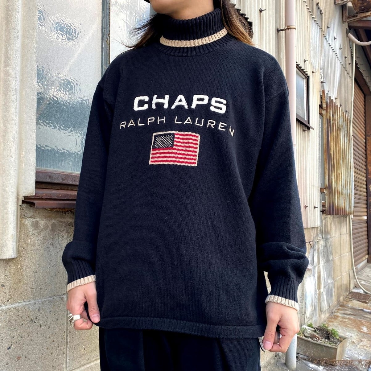 90年代 CHAPS Ralph Lauren チャップス ラルフローレン 星条旗 ビッグロゴ タートルネック コットンニットセーター メンズXL  古着 ハイネック 刺繍 90s ビンテージ ヴィンテージ ブラック 黒【ニットセーター】 | cave 古着屋【公式】古着通販サイト