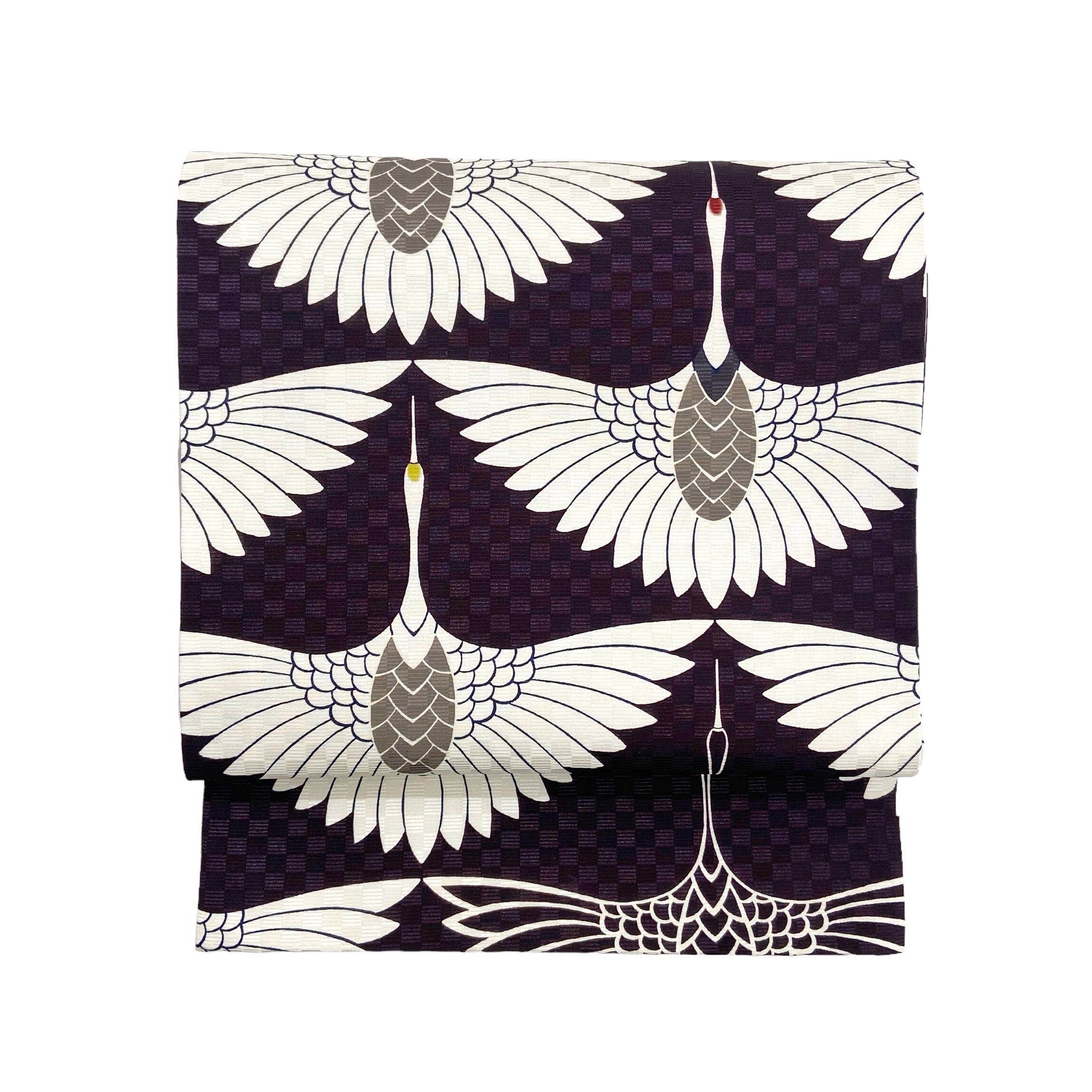 極美品 鶴 桜 笹 雲 正絹 袋帯 二重太鼓 簡単作り帯 軽装