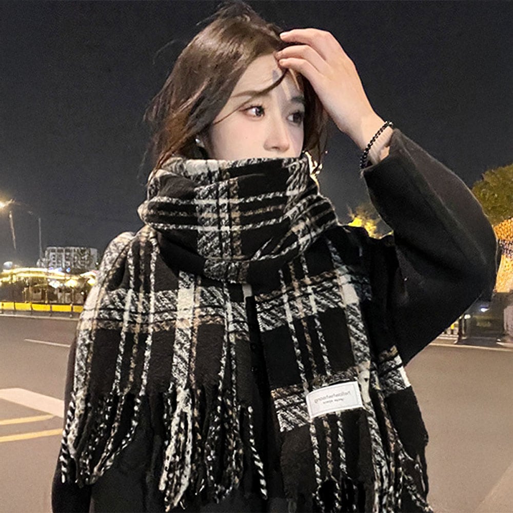 チェック柄 大判 フリンジマフラー レディース 秋冬 韓国 マフラー