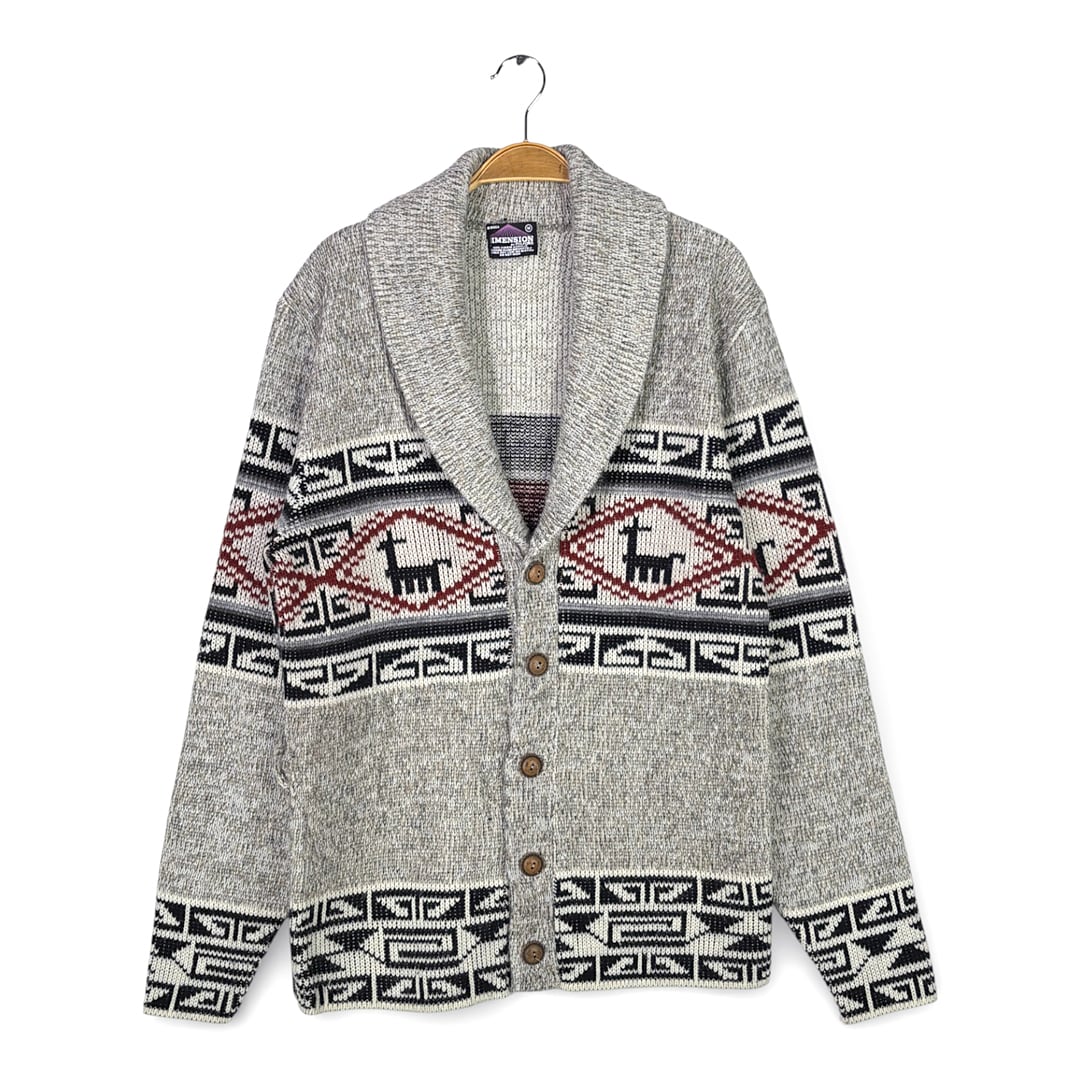 80s ショールカラー ヴィンテージ ジャガード織り アクリルセーター 霜降りグレー系 DIMENSION BY MILFORD サイズL相当 古着 CH1112