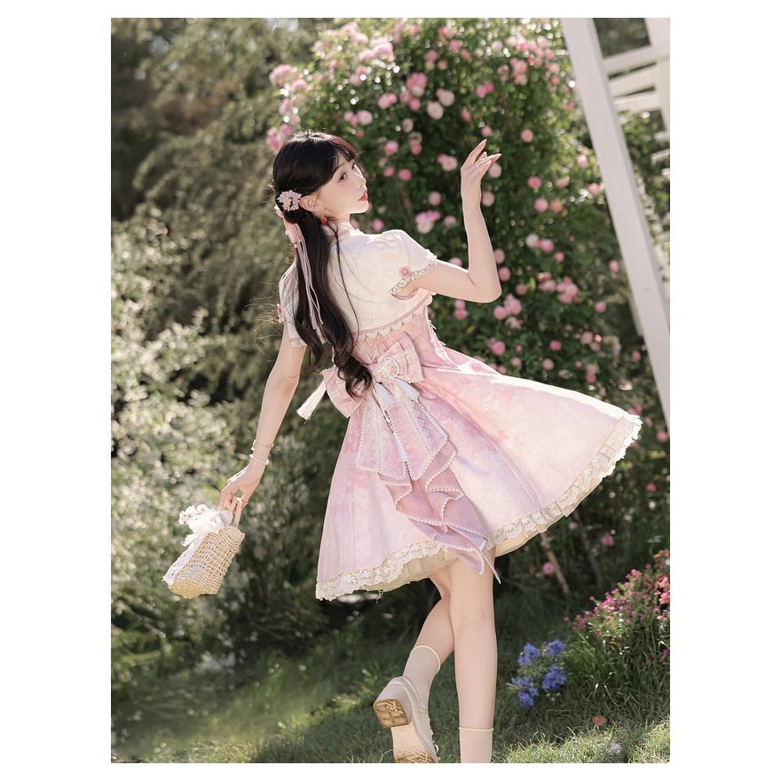 ロリータファッション 甘ロリ花柄キャミワンピ 半袖ボレロ付き