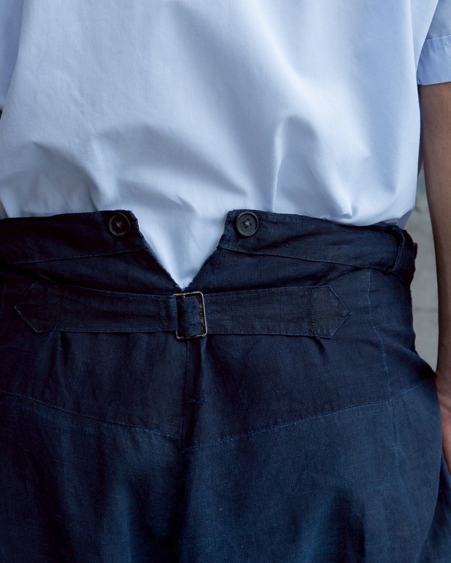 30s~ French makignon work trousers / indigo dyed linen / repair & cinch back / baggy silhouette