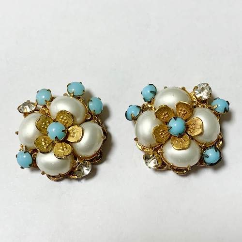 Vintage DeMario Faux Pearl & Faux Turquoise Floral Earrings