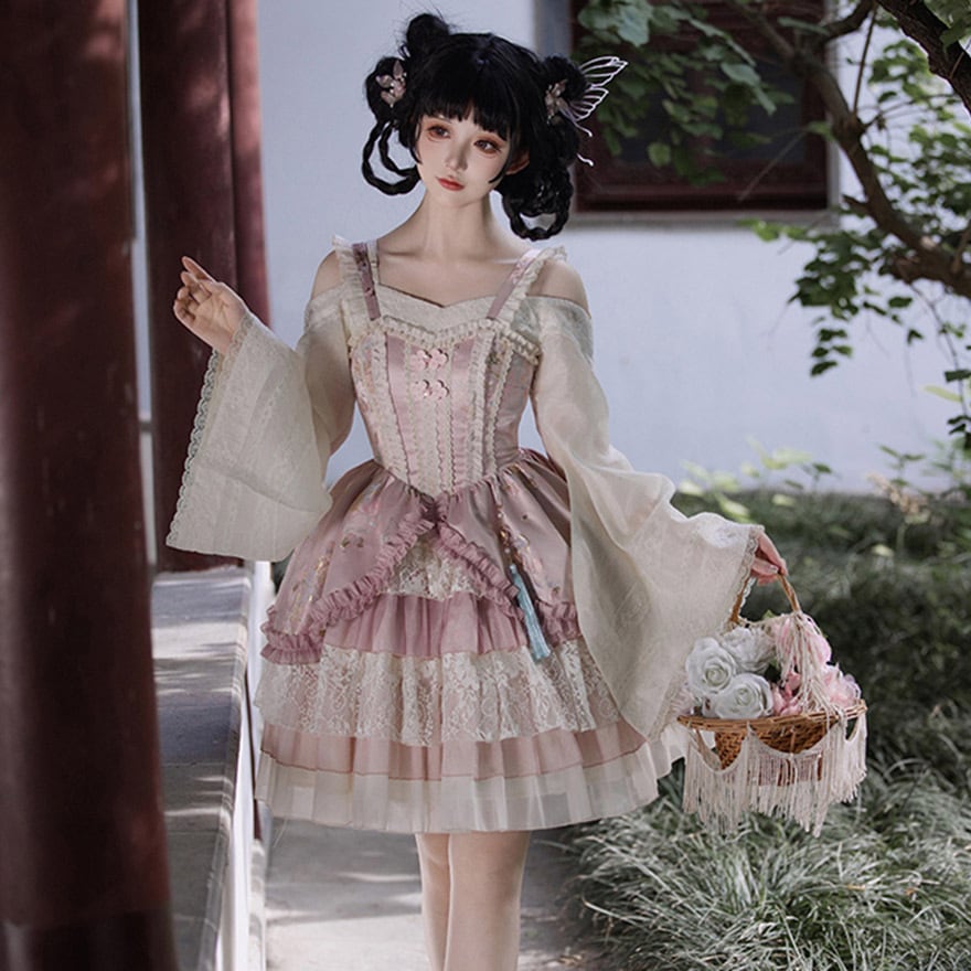 OZZANGELO 姫袖カットソー 編み上げフレアスリーブ総柄y2k ゴスロリ SEASONZ 姫袖 付け袖 アームカバー フレアスリーブ レース 中華