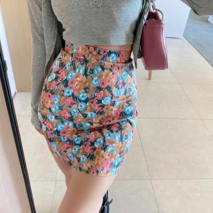 スタンダードフローラル薄手Aラインハイウェストウェストスカート サマーカジュアル レトロ 夏物 花柄 ドラファッションホール14143637165