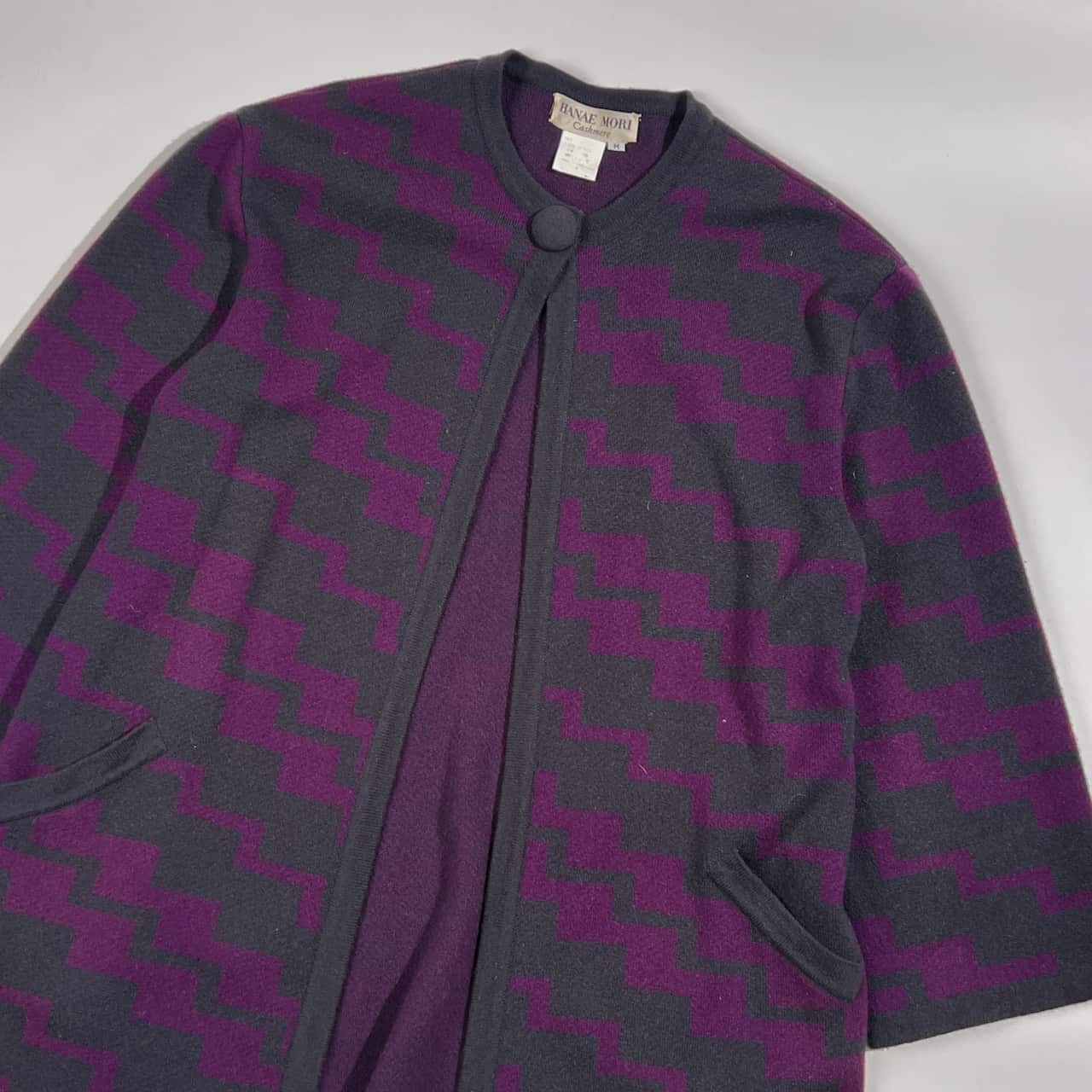 カシミヤ100% HANAE MORI ハナエモリ デザイン ニット カーディガン 羽織 M/グレー×パープル レディース