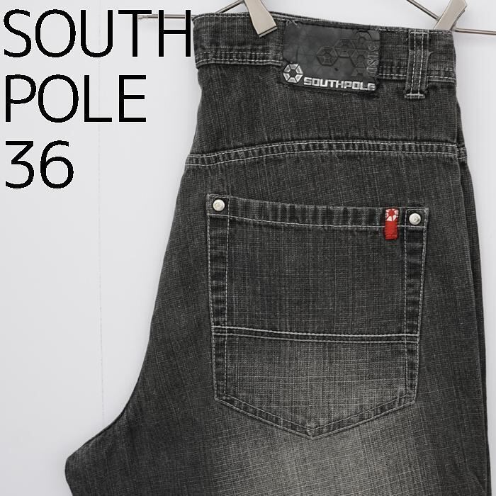 W36 サウスポール ポケット刺繍ワイドバギーパンツ デニム ブラック 黒 ...