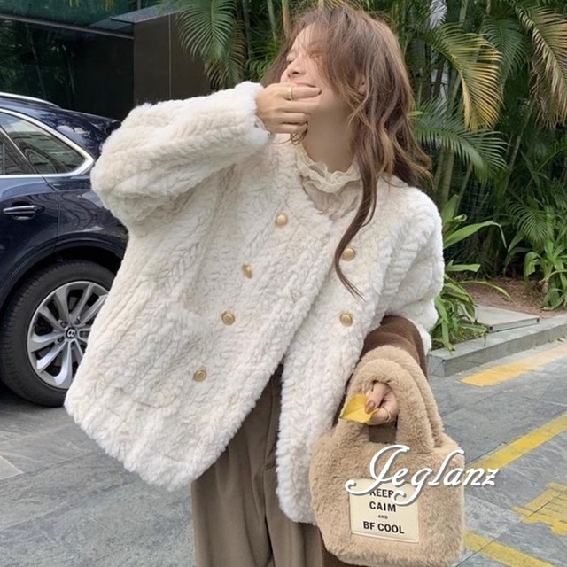 ファーコート エコファー ジャケット ゴールド ボタン ウォーム感  ♪（M5152）φ