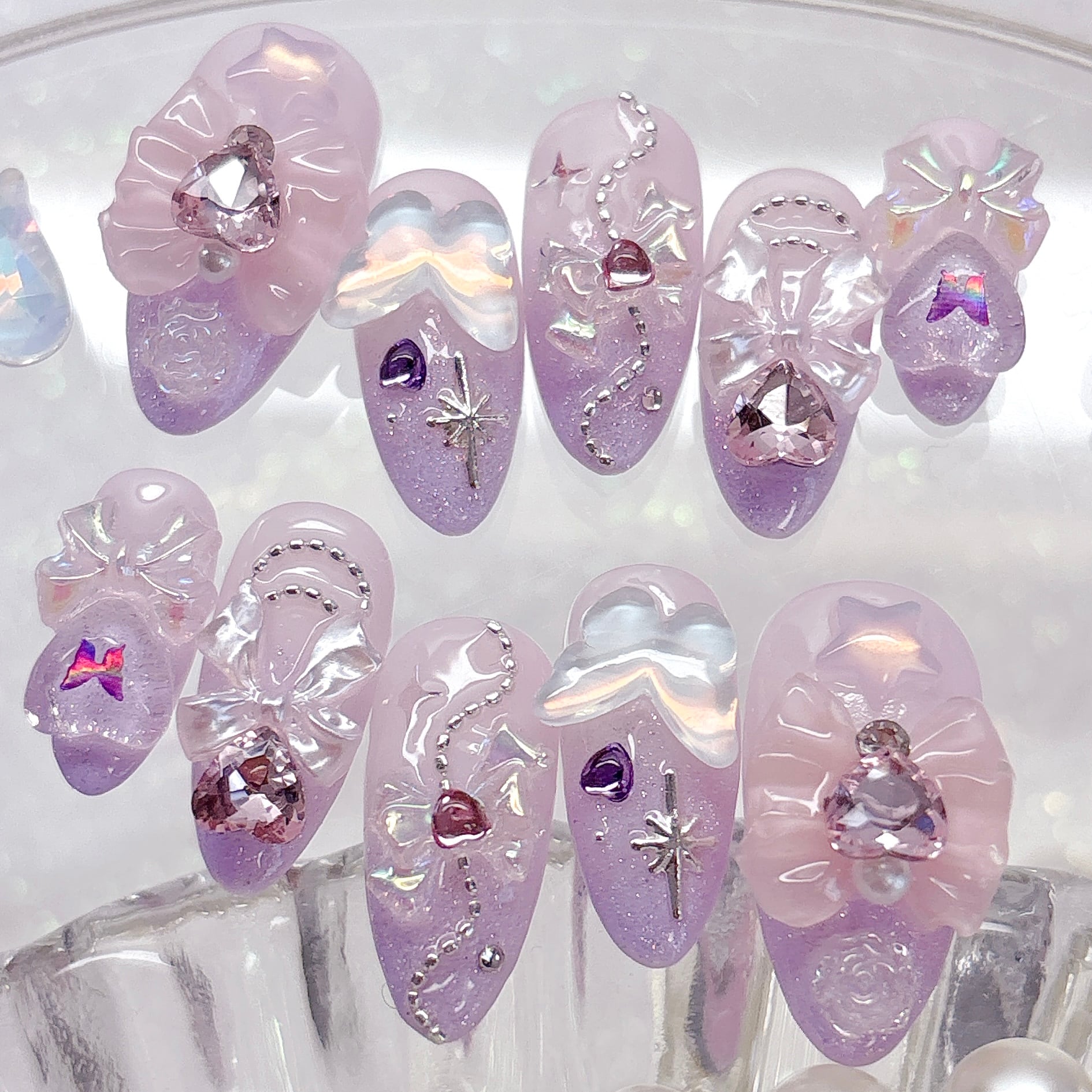 ネイルチップ ニュアンス 紫 ピンク ちゅるん うるうる オーダーネイル ちゅるんとうるきら♡ピンクと紫のゆめかわネイルチップ | rosenail