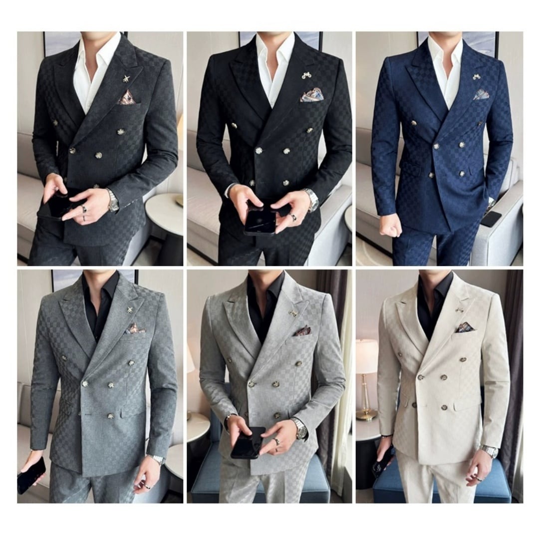 ブロックチェック柄 ダブルブレストスーツ スリーピース 6カラー A2399
