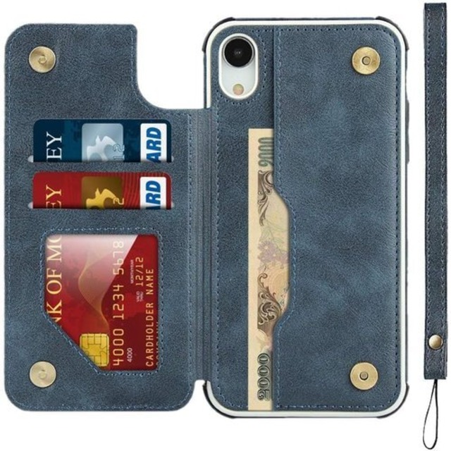 Pelanty for iPhone XR ケース アイフォンXR ケース縄掛け 6.1インチ 背面 手帳型 PUレザー IC カード収納 軽量 スタンド機能 ボタン磁気 多機能 スマホケース 耐衝撃 滑り防止 全面保護 ストラップ 携帯カバー -ブルー 590
