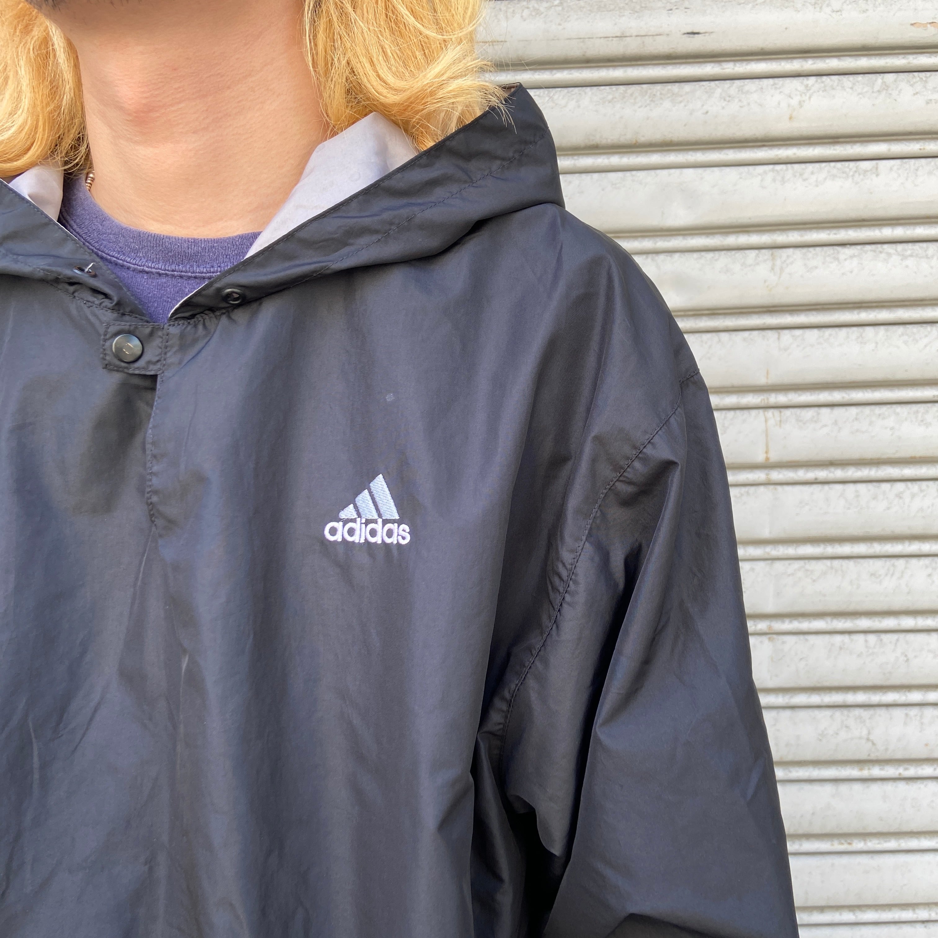 90s adidas ナイロンアノラックパーカー パフォーマンスロゴ 黒 M ...