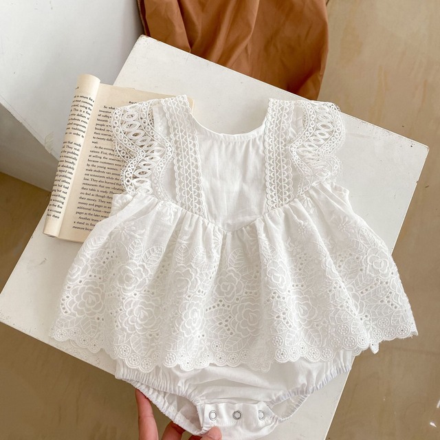 【BABY】パンチングレースフラワー刺繍ワンピースロンパース - 3
