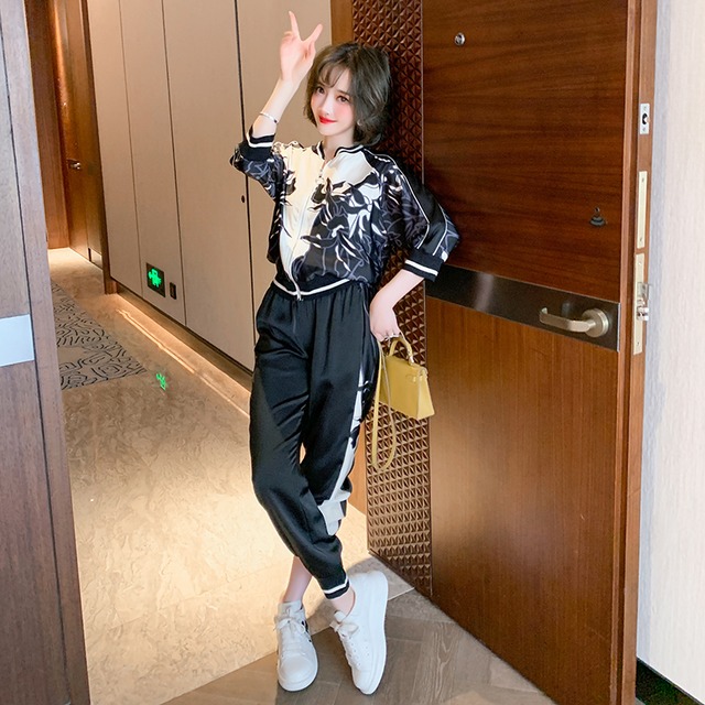 プリントルーズストレッチカジュアルパンツ スプリングサマー エラスティック 伸縮 春物 夏物 ステッチ MIUCO88221167445