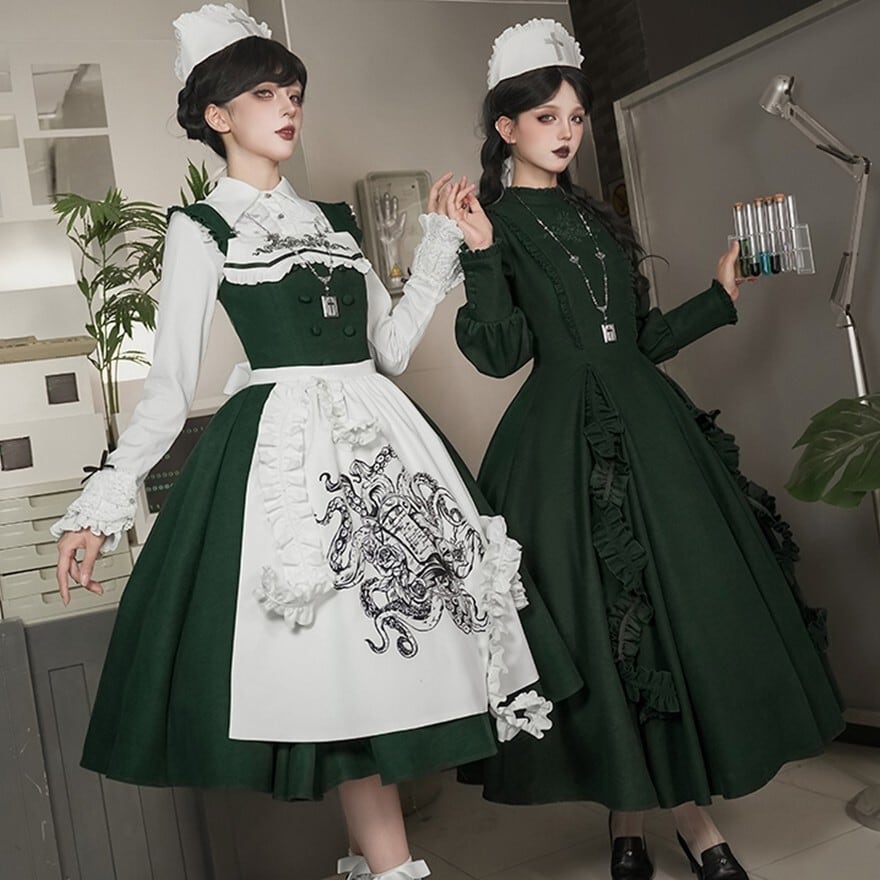 ゴスロリ ナース コスチューム 6点セット ジャンパースカート ナース風 メイドエプロン 秋冬 PUJI