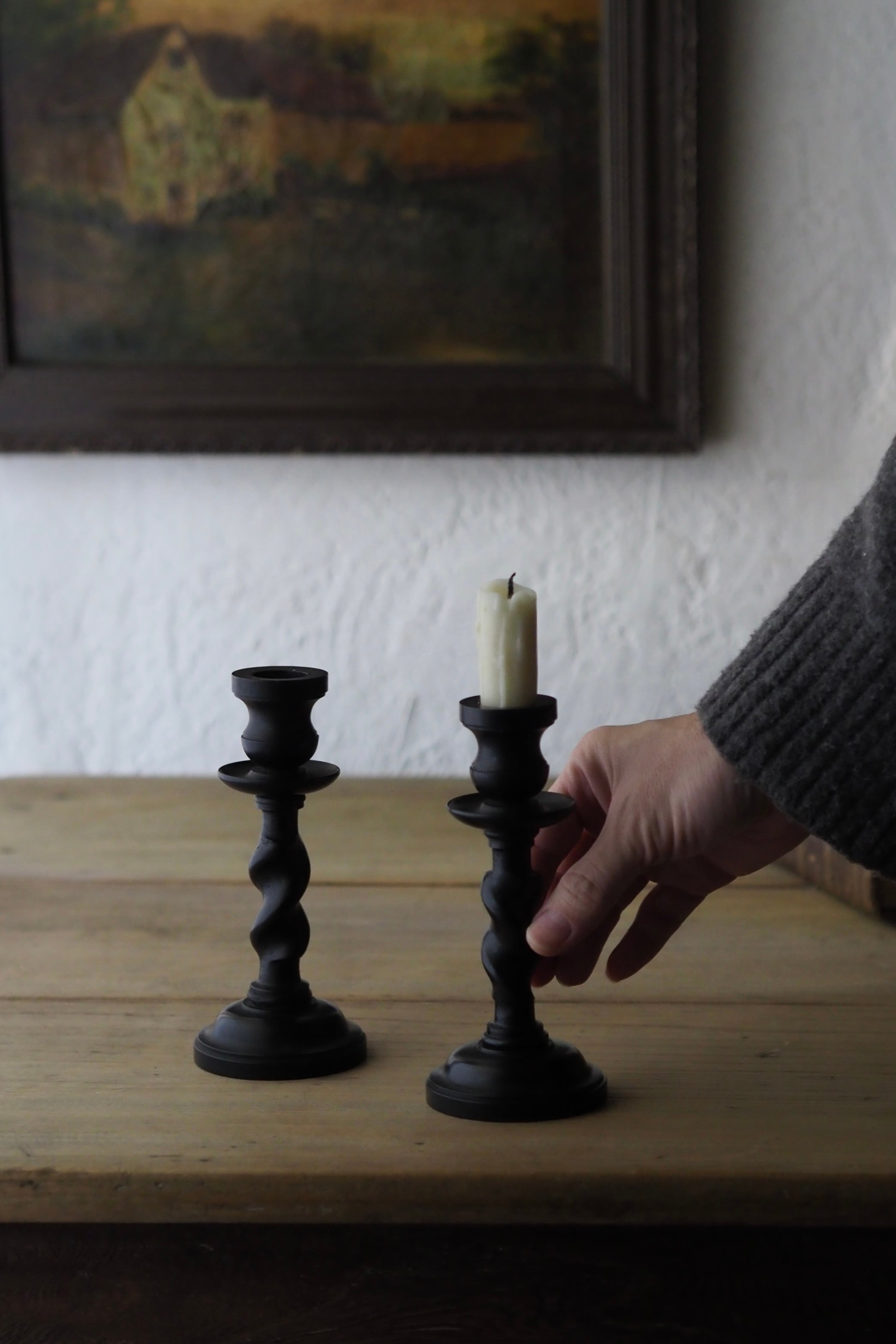 捻りステム ペアの黒檀キャンドルスタンド-antique pair candle stand