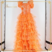 パーティドレス ワンピース ドレス オレンジ系 発表会 演奏会 パーティ 舞台 ダンス ロングドレス フリル レース 鮮やか 軽い ステージ衣装 お洒落 フォーマル パーティー かわいい 可愛い おしゃれ イベント用 目立つ ふんわり