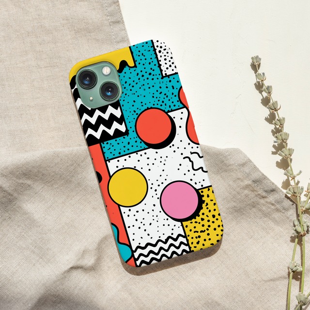 受注生産 iPhoneケース 丸とギザギザのカラフル抽象｜レトロポップ PABS019C