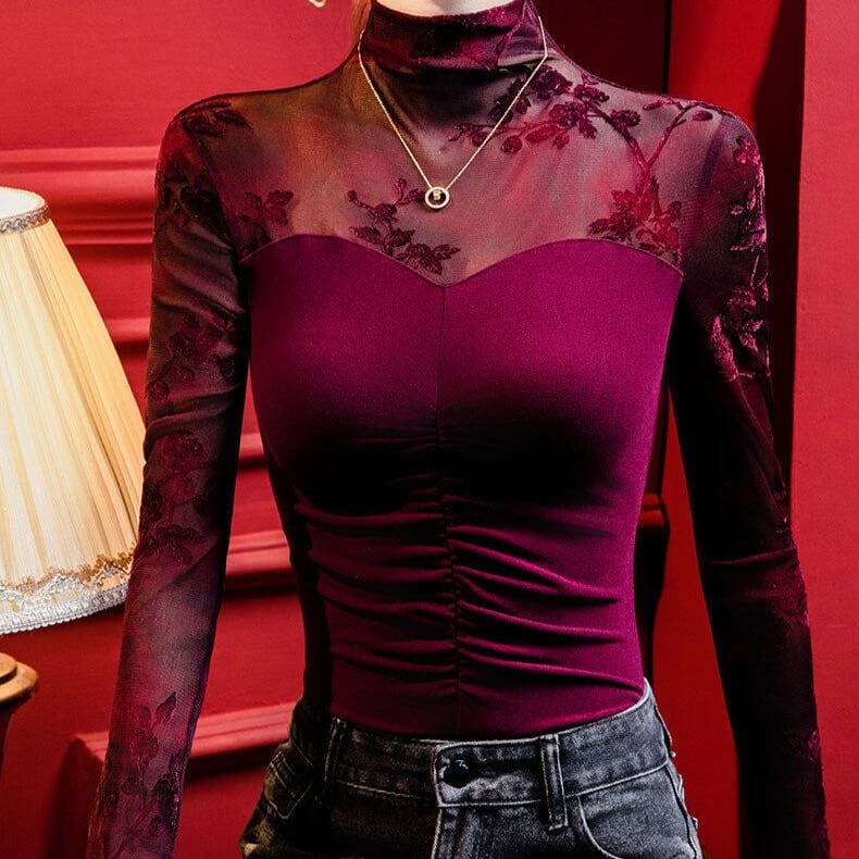 ロングスリーブ ハイネック レースアップ エレガント トップス ds1087