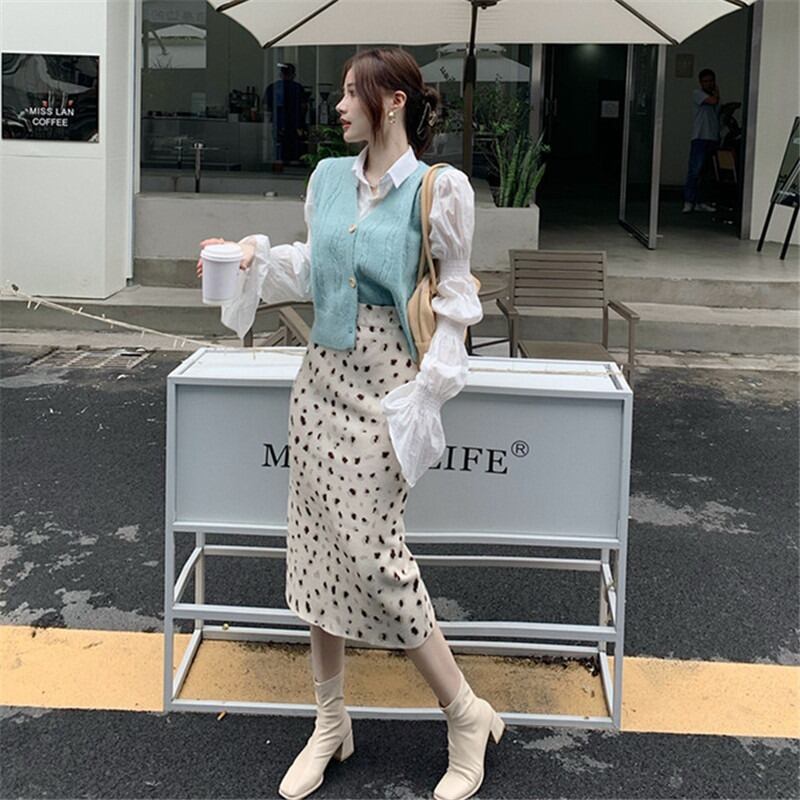 2020年秋新作スリーピースニットベストパフスリーブシャツニットスカートネットレッドファッションスーツレディース ドラファッションホール65305629841