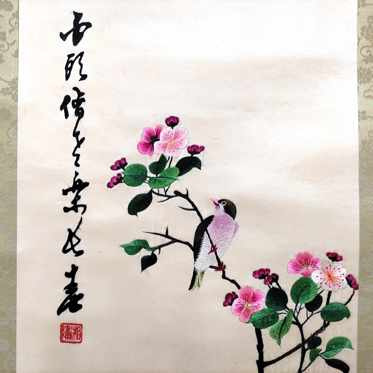 中国刺繍・湘繍・掛軸・牡丹・鶯・花鳥・フェルト・No.230503-23・梱包 