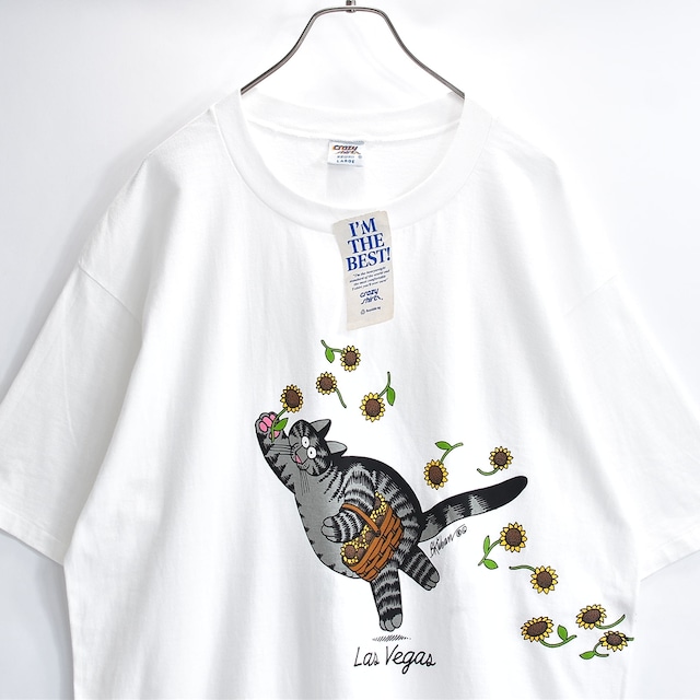 90s～ USA製 Crazy Shirts クレイジーシャツ Kliban Cats ひまわり バスケット 猫 両面 プリント 半袖Tシャツ ホワイト USED ヴィンテージ ビンテージ 古着 メンズ XL相当