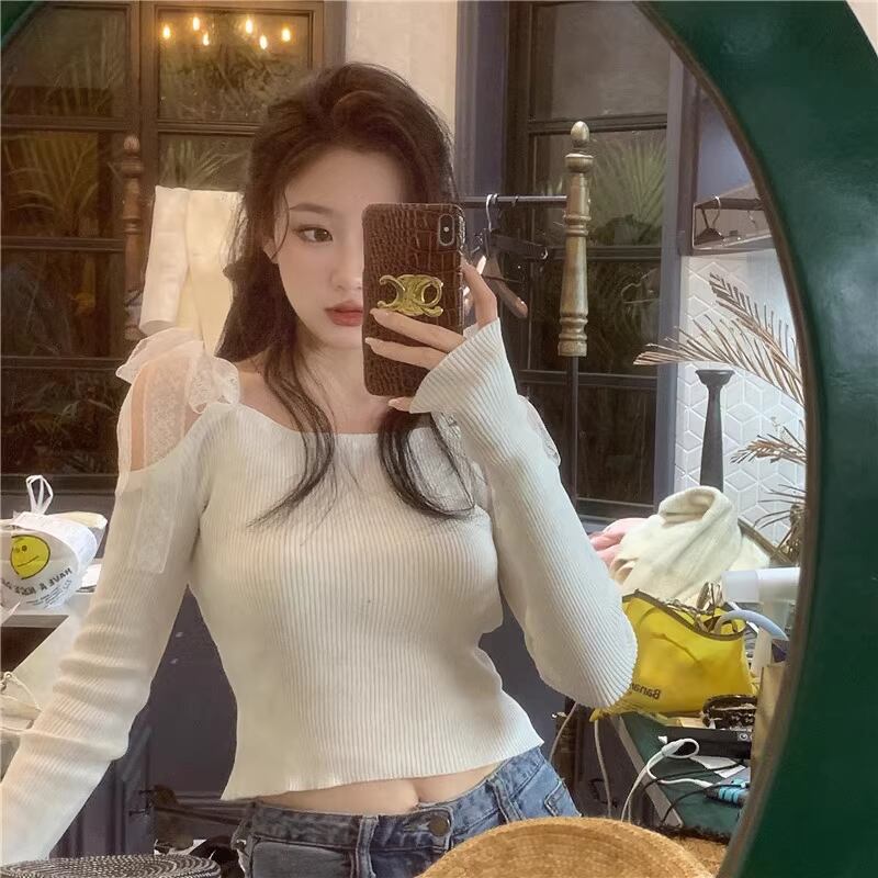 【tops】レースオフショルダーニットトップス M18080