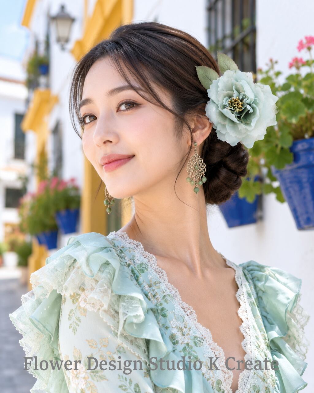 セージグリーンの大輪ローズ髪飾り|フラメンコ・社交ダンス・和装・成人式・結婚式・前撮り