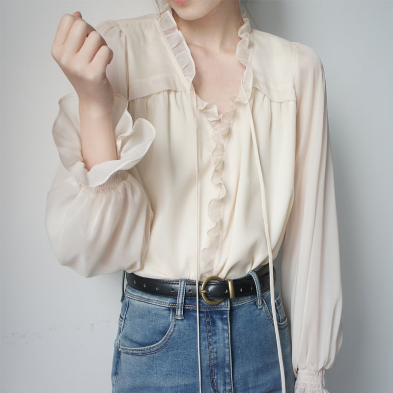 String ribbon frill chiffon blouse TO0725