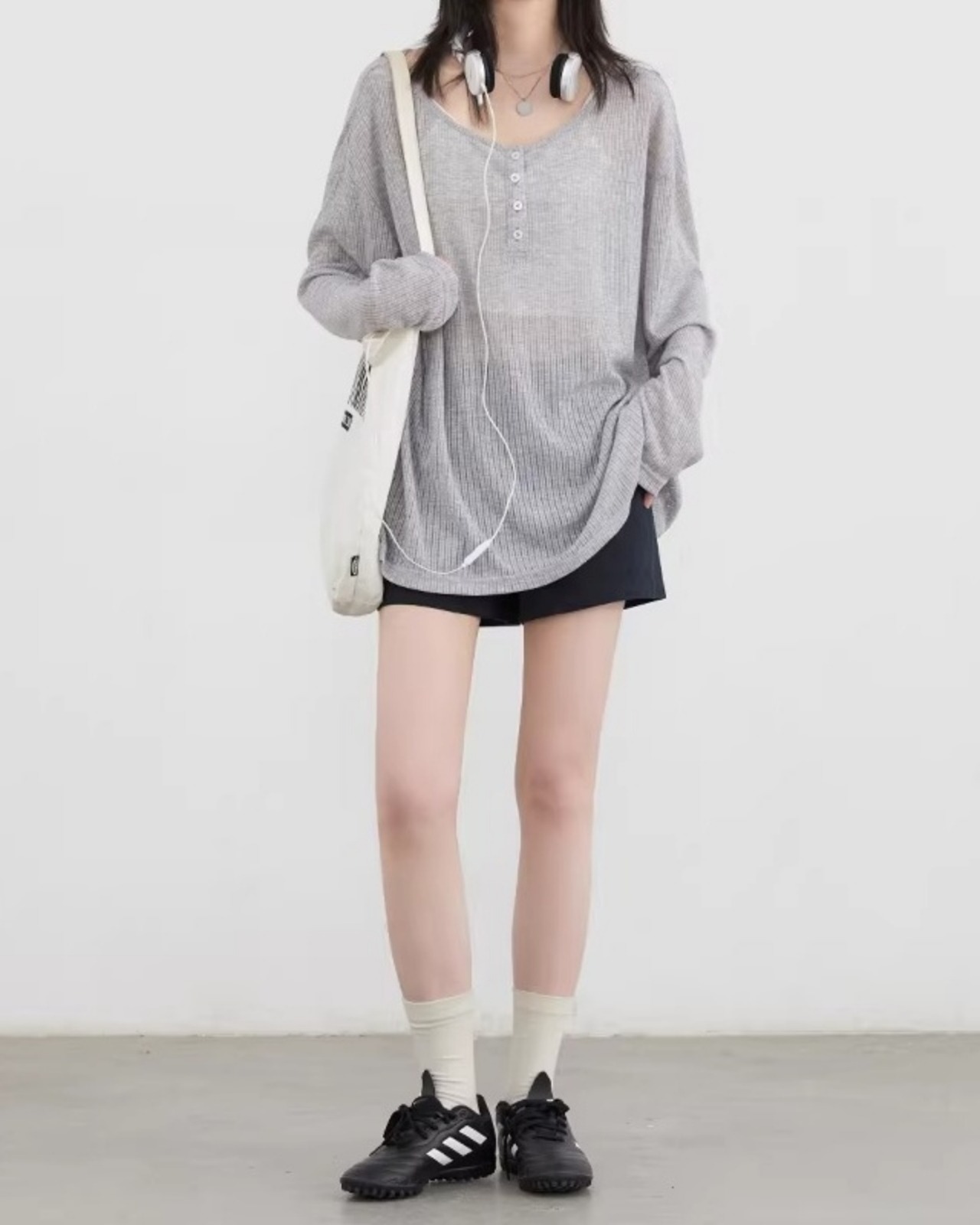 Sheer henry-neck loose T-shirt L0088