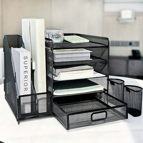 卓上収納  収納 卓上収納ラック ファイルラック 書類トレー メッシュメタル 書類ラック 多機能 引き出し ブラック