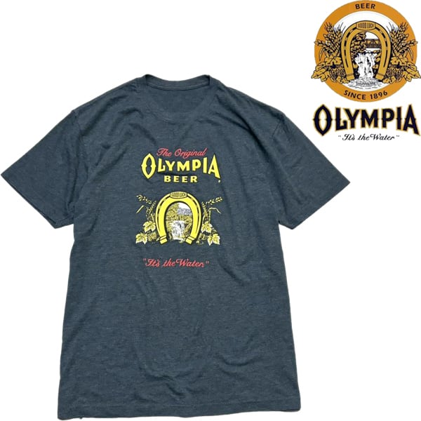1点物◇オリンピア企業ビール灰色プリントTシャツ古着メンズL/XL