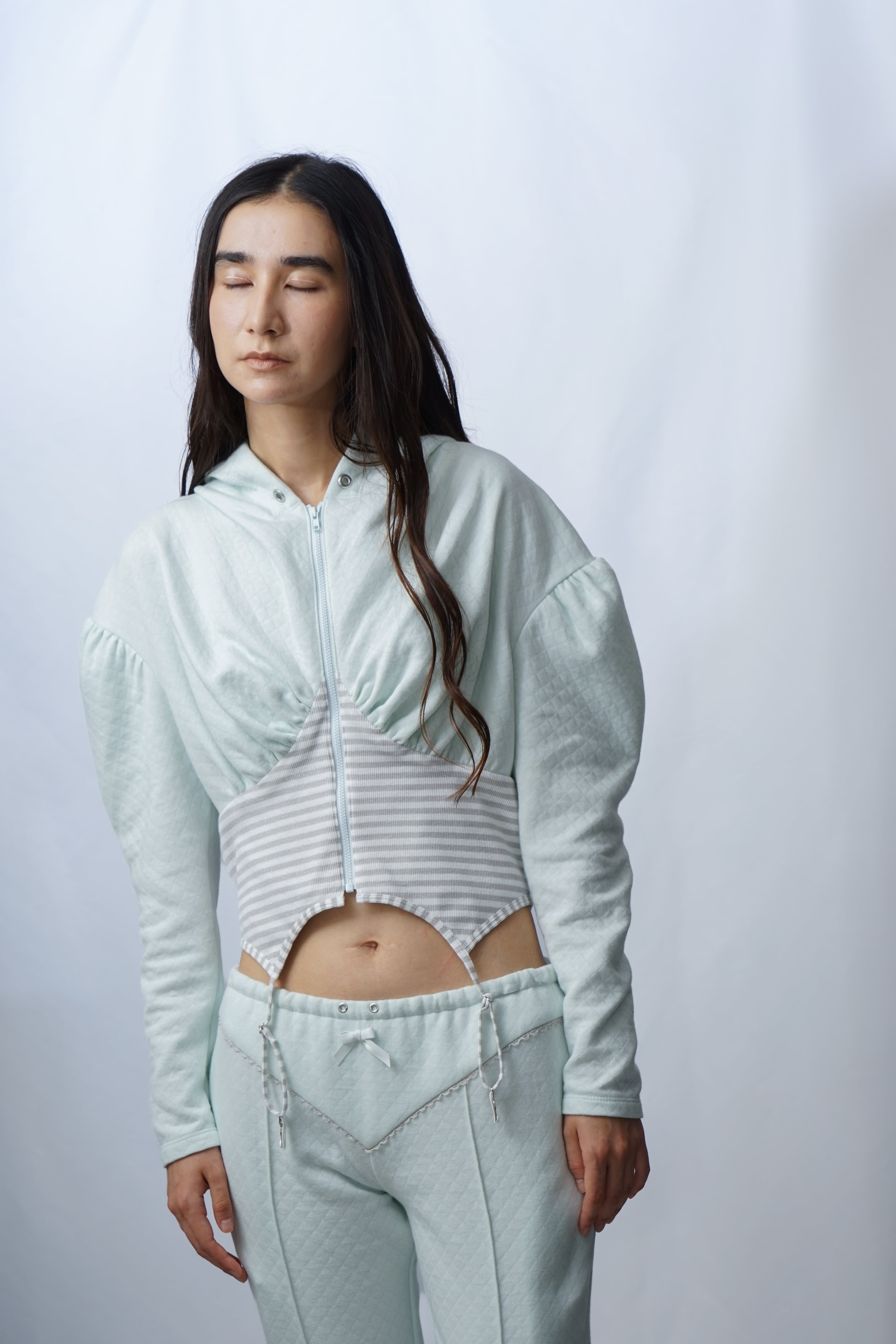 puff sleeve quilt hoodie - MINT