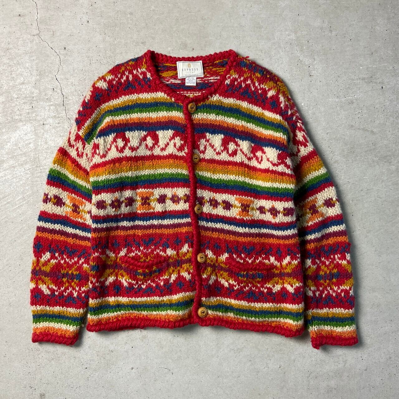 EXPRESS TRICOT ハンドニット 総柄 ウール カーディガン