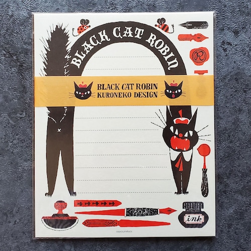 黒ねこ意匠　レターセット　BLACK CAT ROBIN　ペン