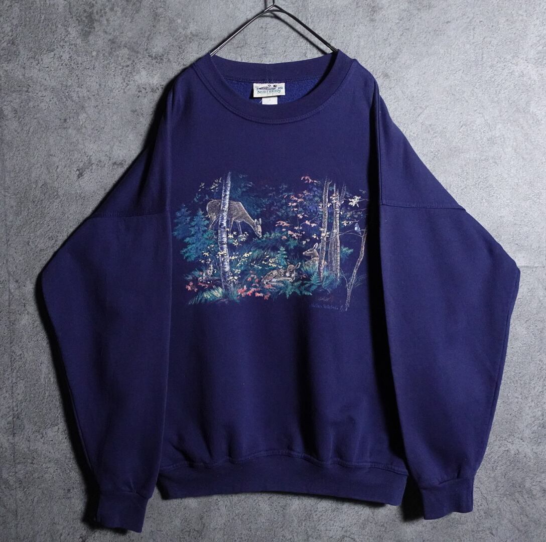 90s “NORTHERN” Navy reindeer animal print sweat