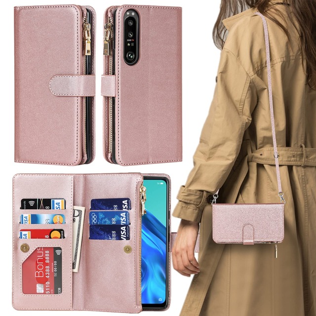 Xperia1 III ケース 手帳型 ショルダー 手帳ケース ソニー Xperia 1 lll SIMフリー SOG03 au SO-51B docomo SoftBank 対応 エクスぺリア 1 III カバー xperia1iii 手帳 SO51B スマホケース case 適用 iCoverCase ストラップホール付き カード収納 マグネット 肩がけ 首掛け 斜め掛け 携帯カバー ピンク
