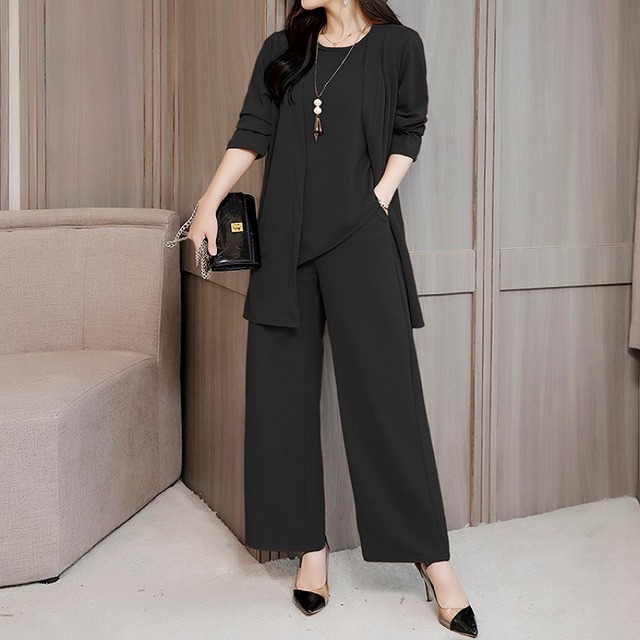 セットアップ レディース 送料無料 サイズ6展開 L XL 2XL 3XL 4XL 5XL カラバリ2色 ブラック キャメル 3点セット カーディガン ノースリーブ トップス ボトムス ワイドパンツ パンツ 春 夏 秋 20代 30代 40代 エレガントスタイル オフィススタイル きれいめ 上品 大人 大きいサイズ ウエストゴム 伸縮性あり 長袖 スリーピース スーツセット おしゃれ ハイセンス アシンメトリー