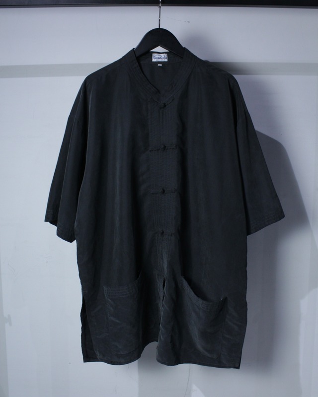 【Caka BLACK】Minimal Black Vintage Loose S/S Silk China Shirt