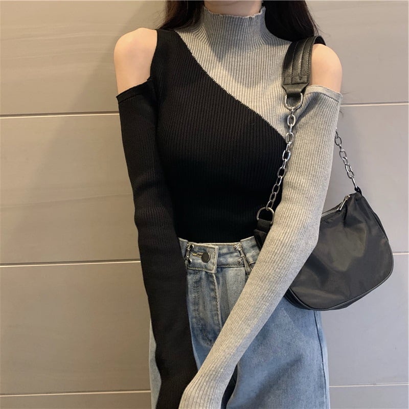 【着用レビュー】トップス レディース セーター M L XL 2XL グレー アプリコット カラバリ 長袖 リブ 伸縮性 ニット ハイネック モックネック バイカラー ニットソー プルオーバー オープンショルダー アシンメトリー スリム 細身 シンプル カジュアル フェミニン キュート セクシー 大人可愛い おしゃれ 普段使い デート お出かけ 女子会 休日 旅行 通学 着まわし ファッション コーデ スタイル モテ 送料無料 こなれ感 抜け感 ユニーク 韓国系 春 秋 冬