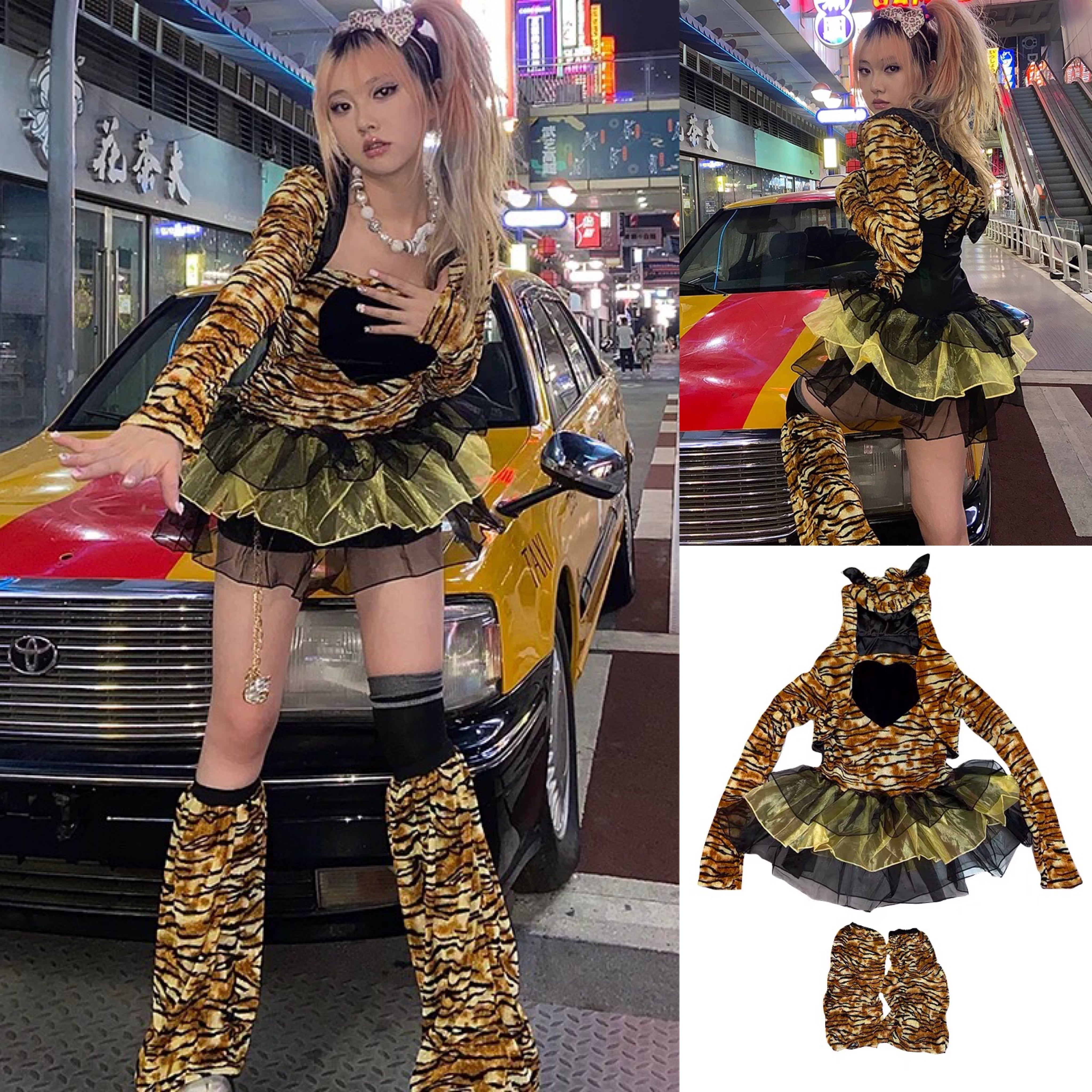セット】黄色 フリル チェック レオパード ヒョウ柄 ワンピース ドレス 