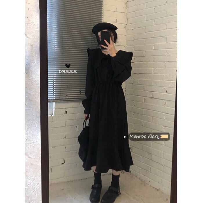 スタンダードスタイルドレス オータムウィンターブラックロングスカート レトロ 秋物 冬物 モンロー49772973514