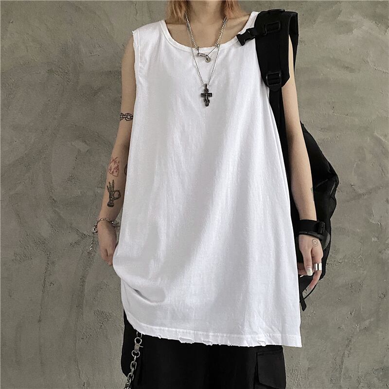 サマースタイルルーズホワイトノースリーブトップス ストリート かわいい 夏物 ケッペル85476599426